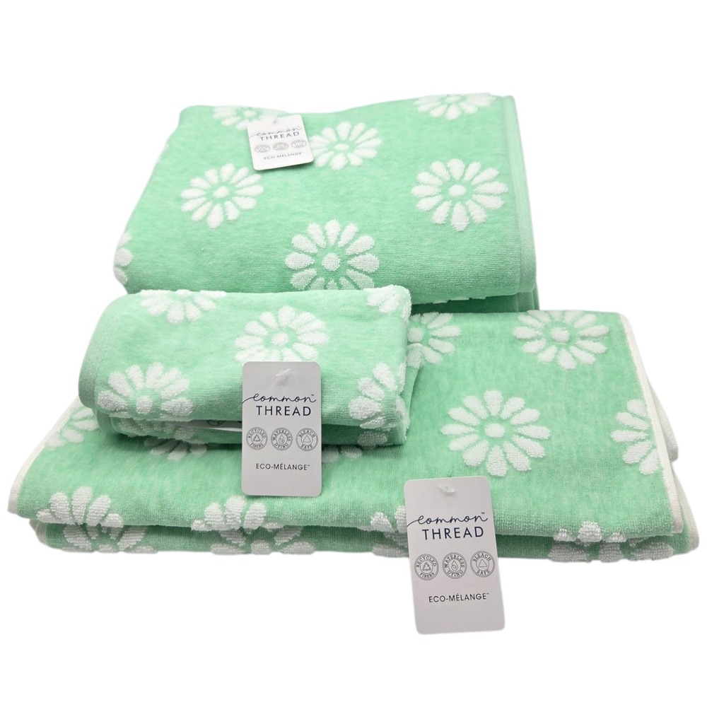 Common Thread Eco Melange White Daisy Mint Green Zero Twist Cotton Towel Set x6